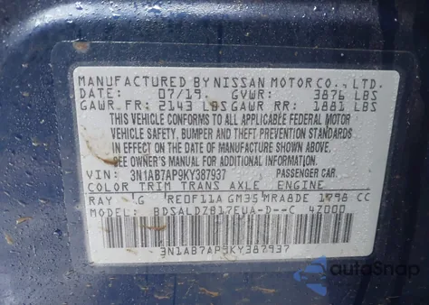 2019 Nissan Sentra Sv z USA, uszkodzony, nr VIN 3N1AB7AP9KY387937